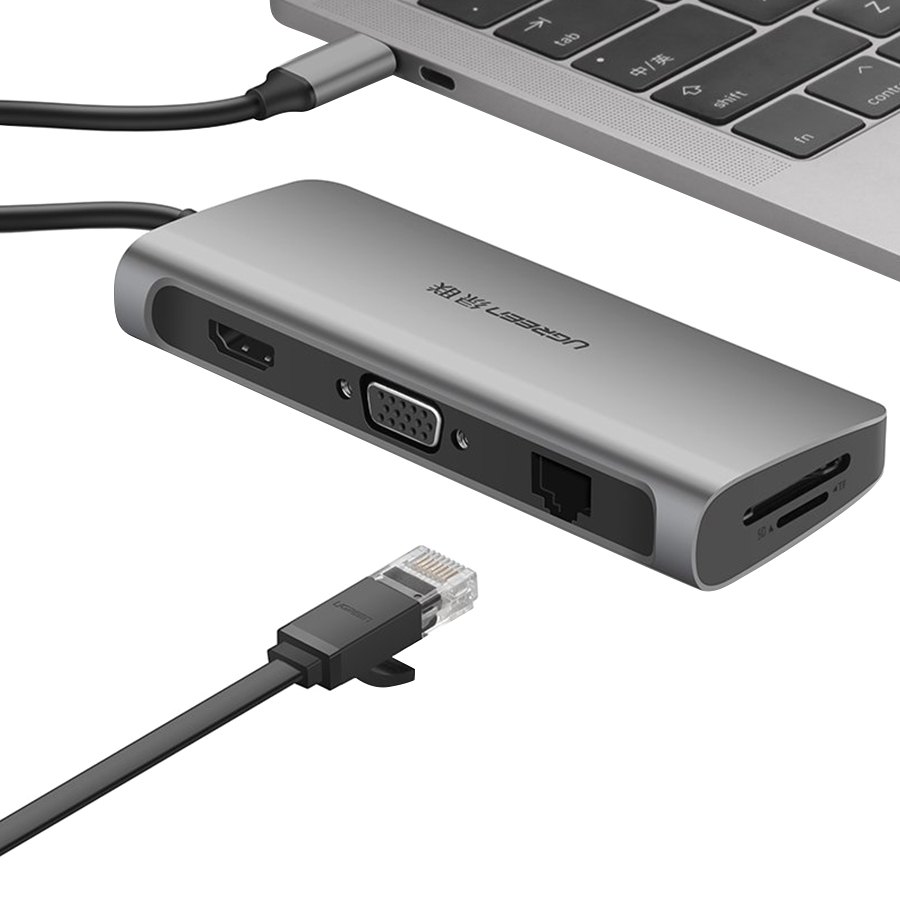 HUB USB Type-C Đa Chức Năng 2 x USB 3.0 ; 1 x HDMI 1 x VGA; 1 x SD Card ; 1 x USB-C; 1 x LAN Ugreen (40873) - Hàng Chính Hãng