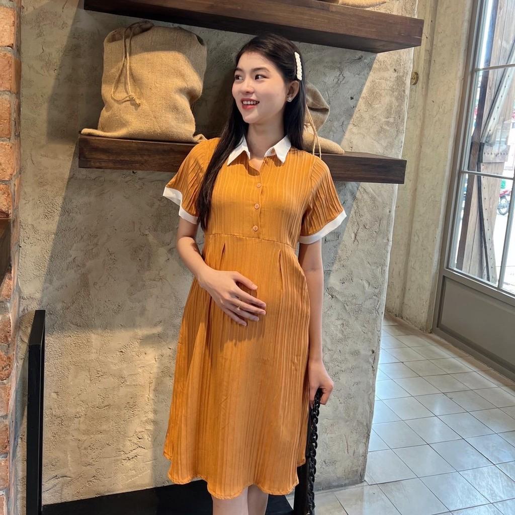 Đầm bầu babydoll đũi gân cổ sơ mi thanh lịch, phối màu bầu diện dễ thương - Đen