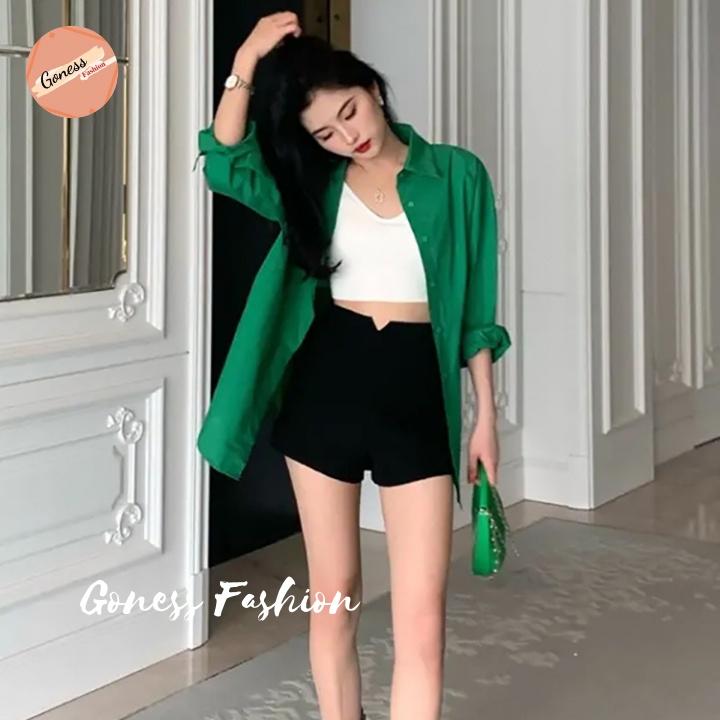 Áo sơ mi nữ Goness dài tay form rộng kiểu sơmi màu xanh trơn đẹp thời trang công sở đi học