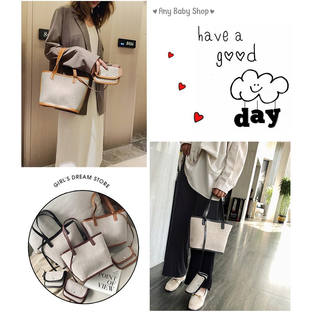 Túi xách - đeo vai - vải viền da phong cách Ulzzang 2 trong 1 có 3 màu