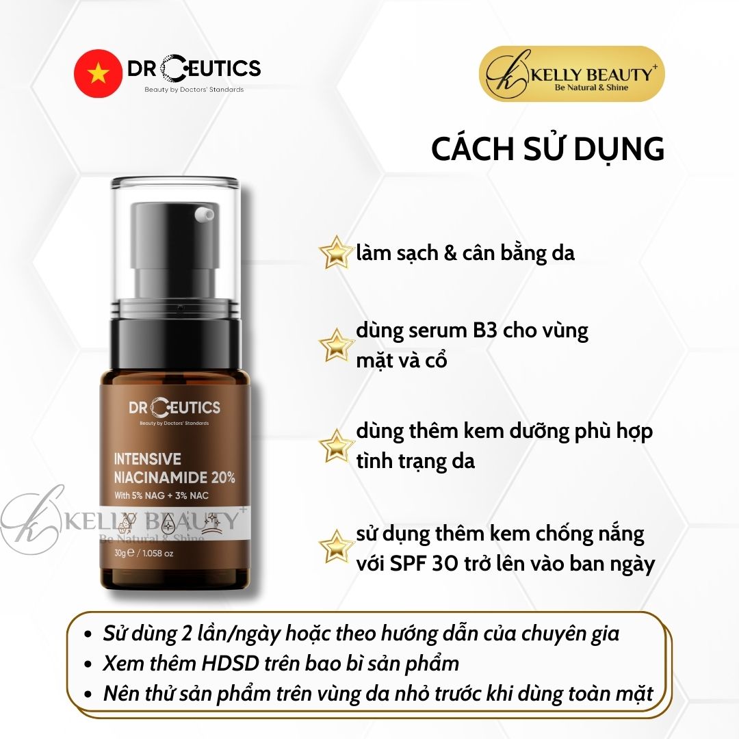 Serum Vitamin B3 20% DrCeutics - Làm Sáng Da, Mờ Thâm Sạm & Se Lỗ Chân Lông - Niacinamide 20% + NAG 5% + NAC 3%