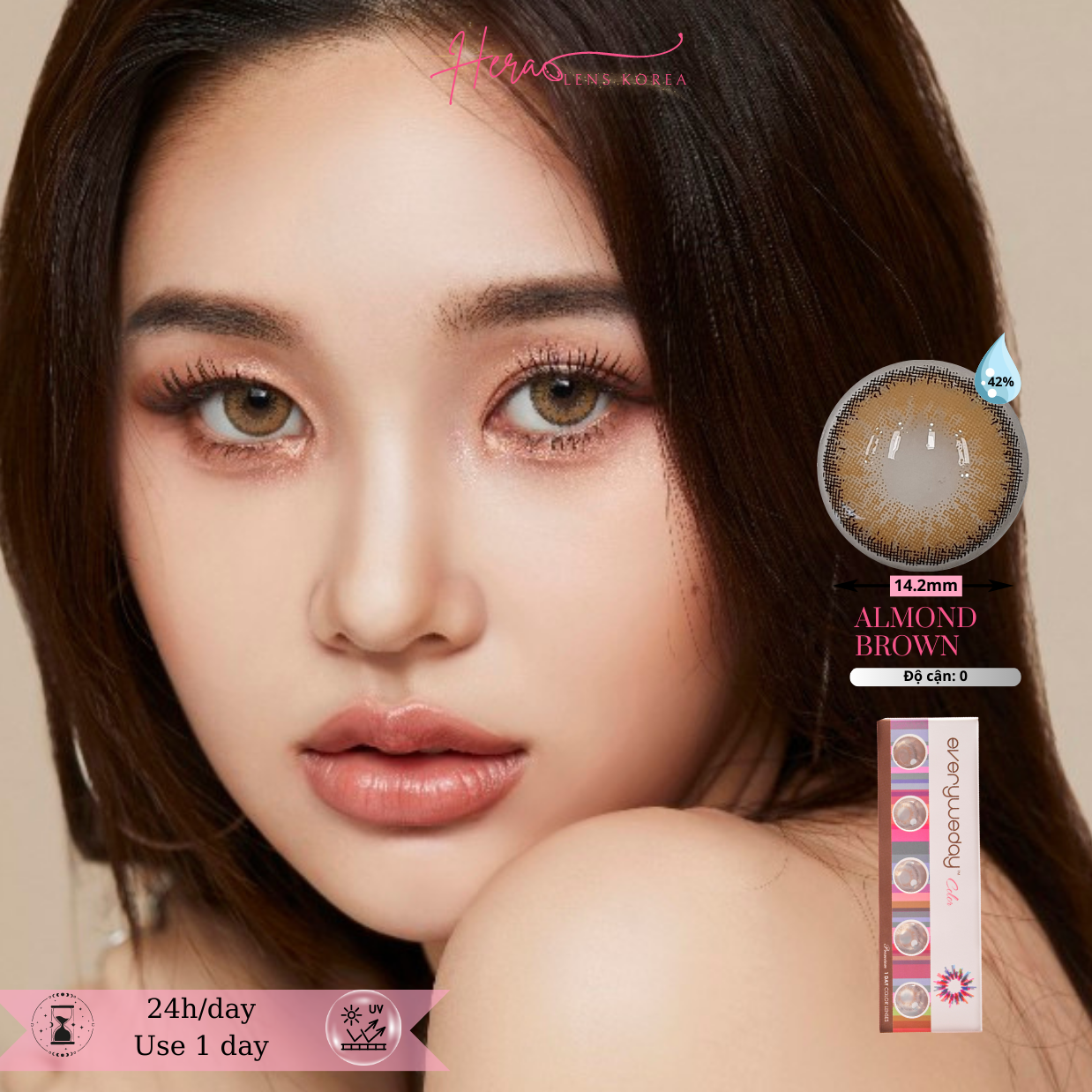 Kính Áp Tròng Hera Nâu Tây Sáng Không Độ ALMOND BROWN Nhập Khẩu Hàn Quốc Lens Không Cận 1 Ngày