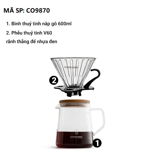 Bộ combo pha cà phê V60 02 màu đen đẳng cấp CAFEDE KONA