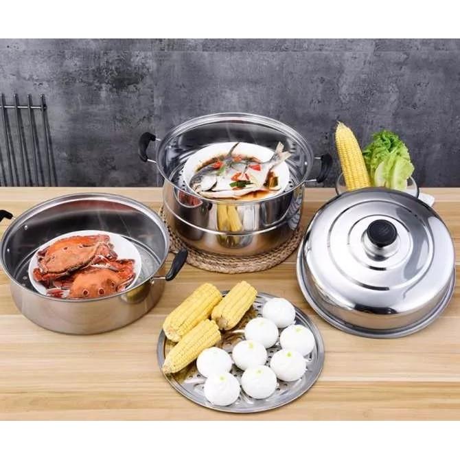 Nồi hấp inox đa năng 2 tầng 3 đáy cao cấp, Nồi hấp 3 tầng đường kính 28cm