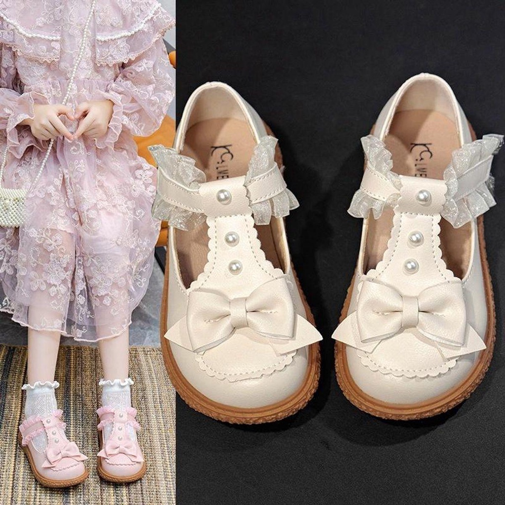 Giày búp bê bé gái quai nơ đính ngọċ viền quai ren phong cách công chúa, Hàn Quốc da mềm cao cấp