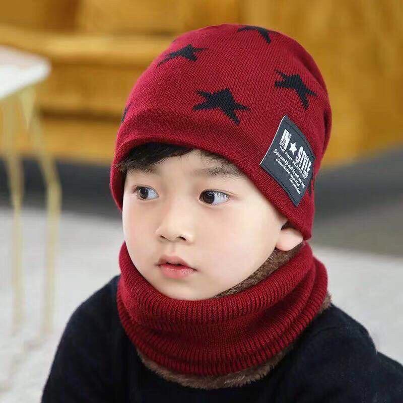 Mũ len ngôi sao kèm khăn ống quàng cổ giữ ấm cho bé trai và bé gái từ 3 - 7 tuổi 