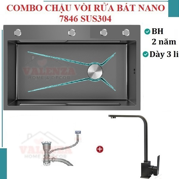 Chậu rửa bát inox304 chống xước 7845 nano đen, vòi Vuông nóng lạnh, bộ xả, khay inox, dụng cụ xịt ly cốc, bình rửa bát