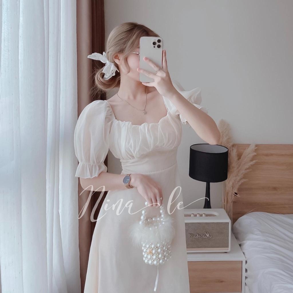 Đầm nữ dạ tiệc màu trắng tinh khôi cổ Vuông xếp ly 2 lớp thích hợp cho nàng dạo phố, dự tiệc