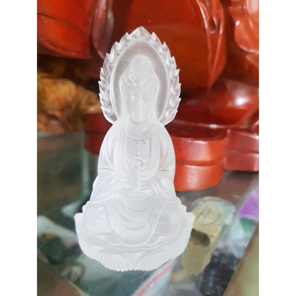 Tượng Phật Bà Quan Âm 2 Mặt ĐÁ LƯU LY TRẮNG TINH ĐẸP ĐỂ TRONG XE HƠI hoặc BÀN cao 10cm đk 6cm mệnh KIM mệnh THỦY ạ
