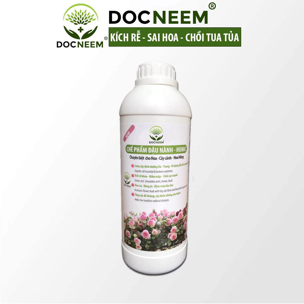 Phân bón hữu cơ đậu tương, đậu nành trứng chuối humic DOCNEEM kích mầm, chồi, hoa chuẩn form trên hoa hồng, cây cảnh, chai 1 lít