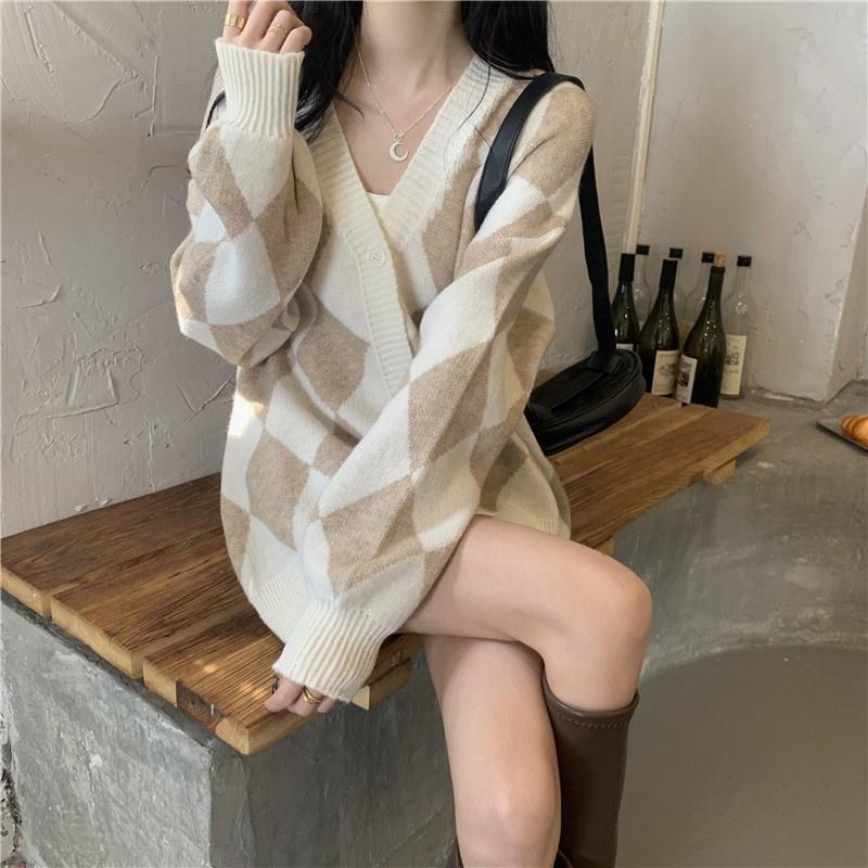 Áo khoác cardigan len nữ dệt kim kẻ ô caro họa tiết kim cương cổ V phối màu đen trắng dáng rộng bigsize H-16-1