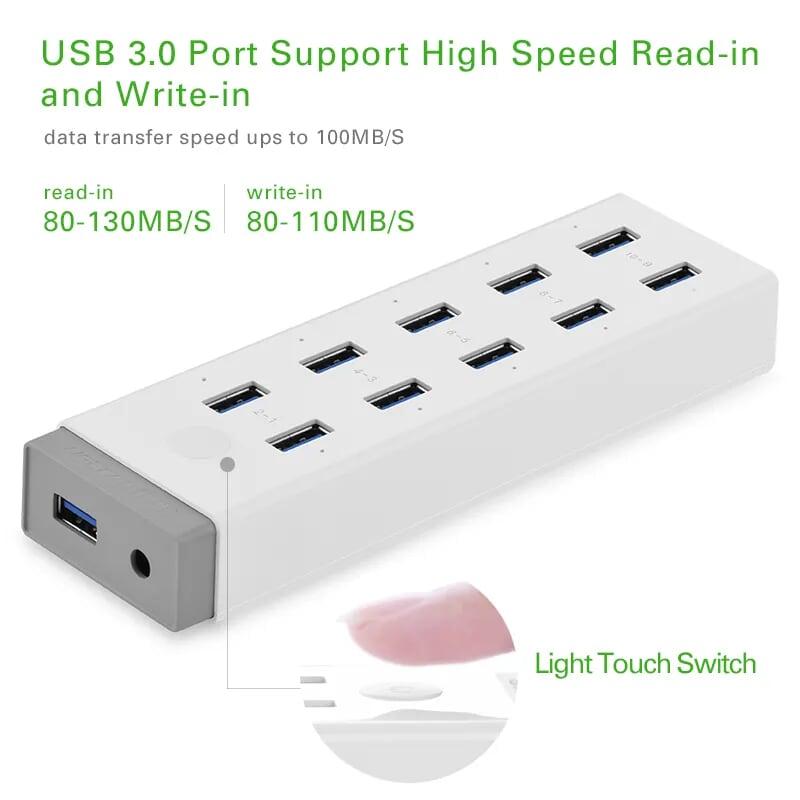 Ugreen UG20297CR117TK Màu Trắng Bộ chia HUB USB 3.0 sang 10 USB 3.0 hỗ trợ nguồn 12V - HÀNG CHÍNH HÃNG