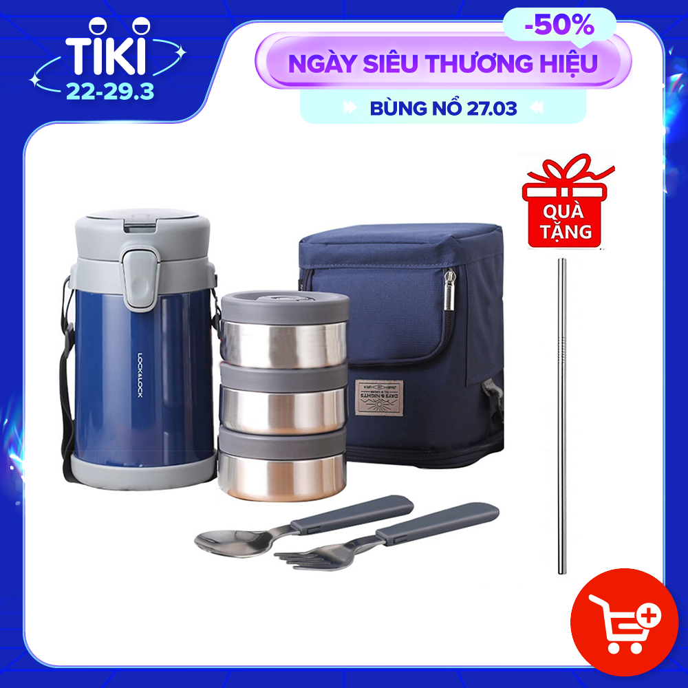 Bộ Hộp Cơm Giữ Nhiệt Lock&amp;Lock Easy Carry 2L LHC8039 Có Túi (1 Hộp 720ml, 2 Hộp 420ml Kèm 1 Bộ Muỗng Và Nĩa) Tặng kèm Ống Hút Inox 304