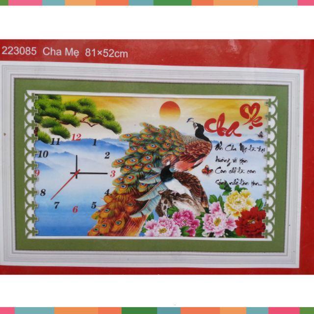 Tranh thêu chữ thập đồng hồ cha mẹ chim khổ tước tuyệt đẹp kt 81*52cm