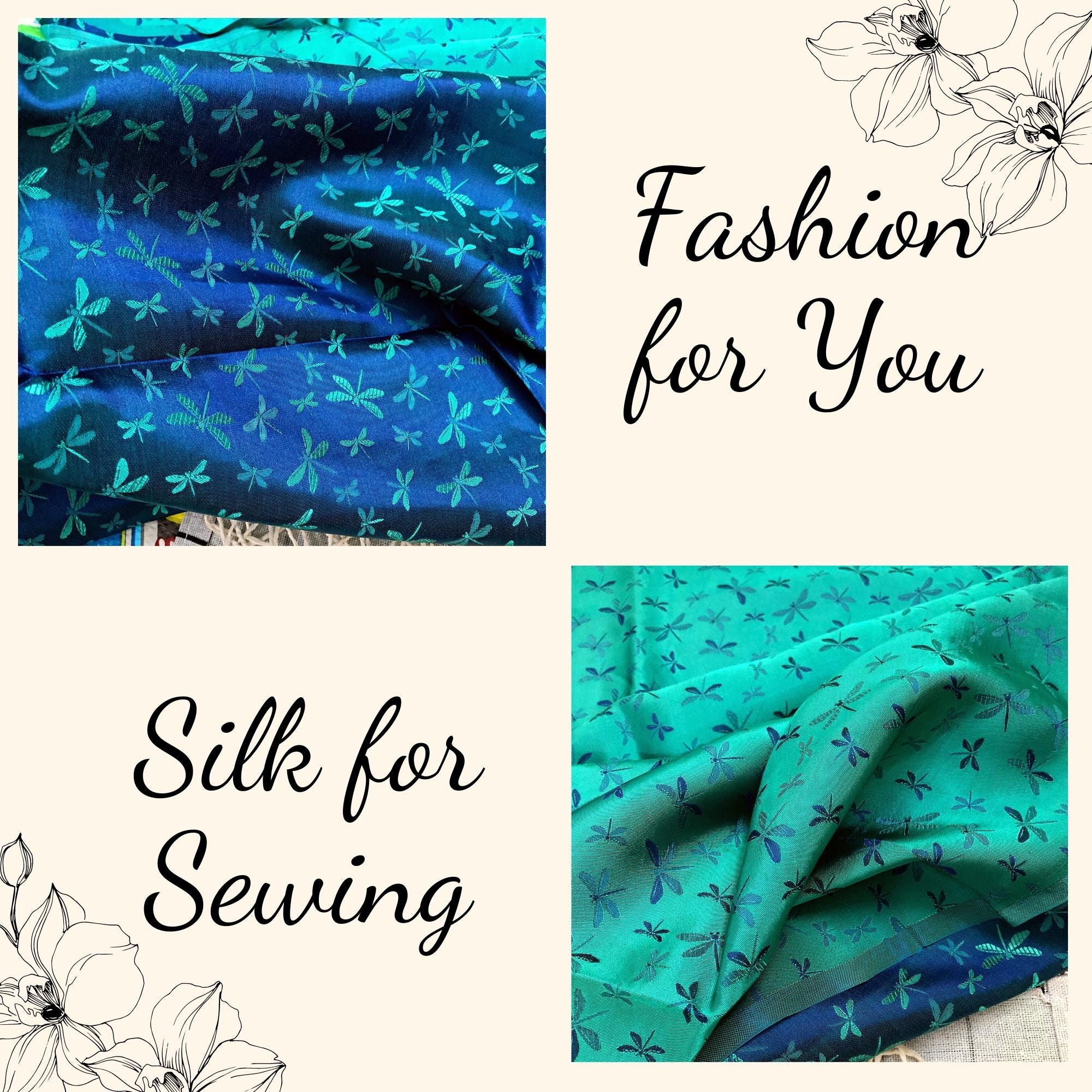 Vải Lụa Tơ Tằm hoa văn chuồn chuồn xanh cobal may áo dài, mềm#mượt#mịn, dệt thủ công, khổ vải 90cm