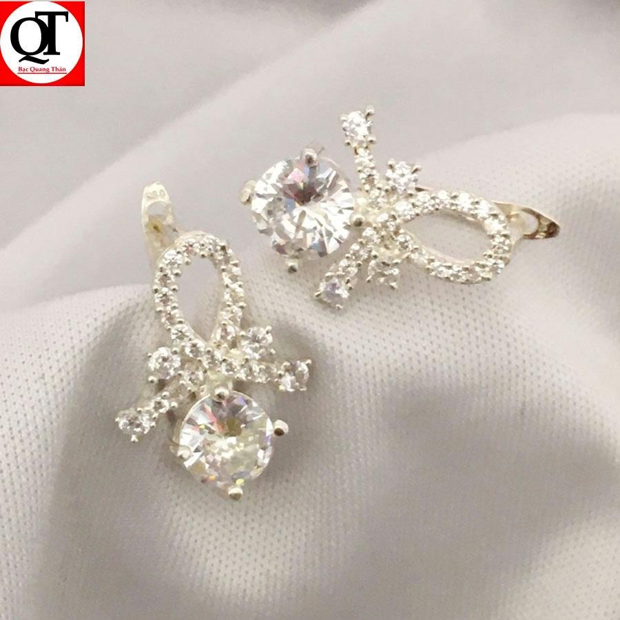 Bông tai nữ bạc ta khóa bật đeo sát tai đính đá rico cao cấp Bạc Quang Thản - QTBT17