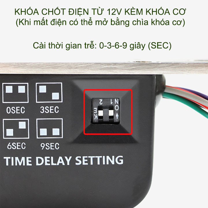 Chốt cửa điện từ thường khóa 12VDC có độ trễ 0-3-6-9 giây, loại 5 dây có kèm cả khóa cơ (mất điện mở bằng chìa khóa cơ)