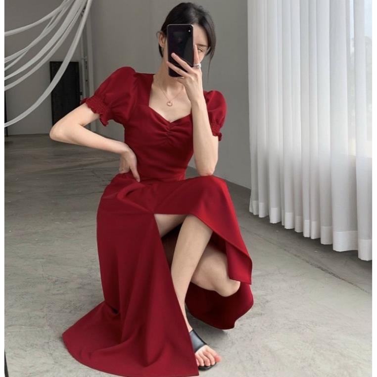 X2 Đầm đỏ dự tiệc nhúng ngực xẻ tà váy midi nữ tiểu thư dịu dàng đi chơi đi làm đi biển (kèm hình thật