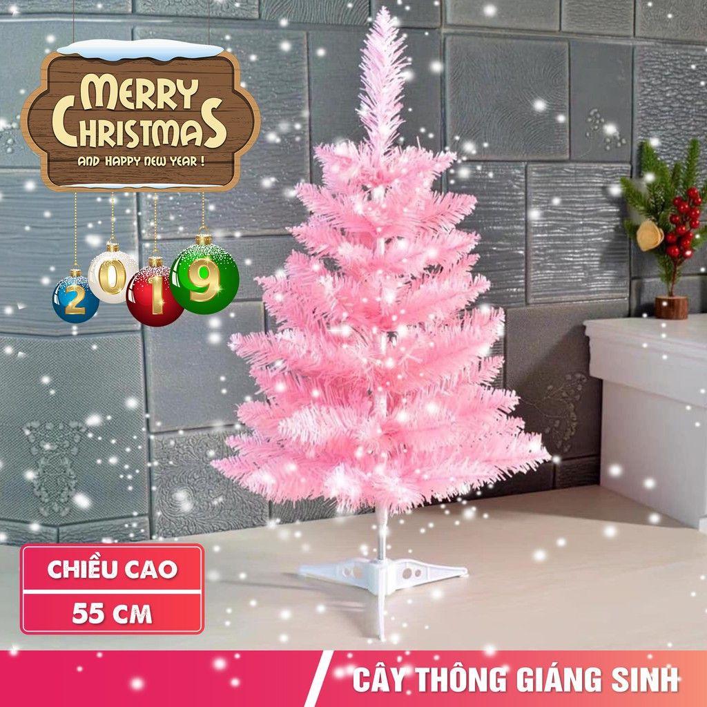 Cây thông mini cây thông để bàn cao 55cm màu hồng tặng kèm chữ Merry Christmas và thiệp