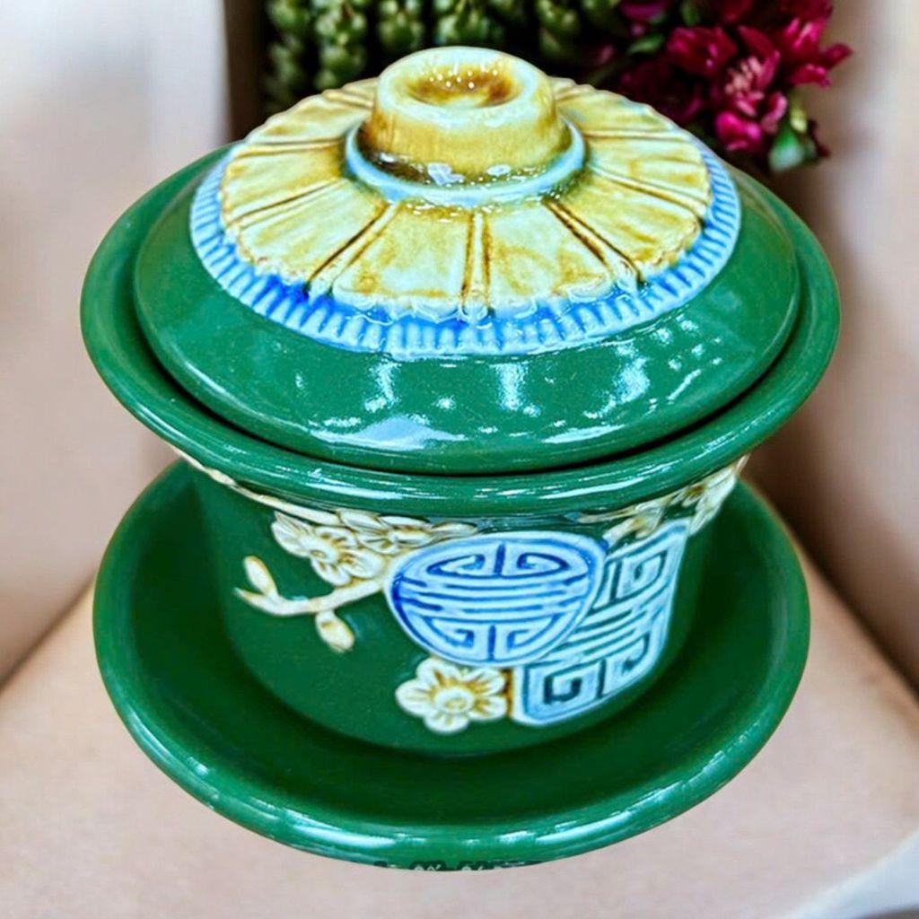 Bát Sâm Đắp Nổi Đào Thọ Bát Tràng Men Xanh Lá - Tinh Hoa Gốm Sứ Việt Chạm Khắc Độc Đáo