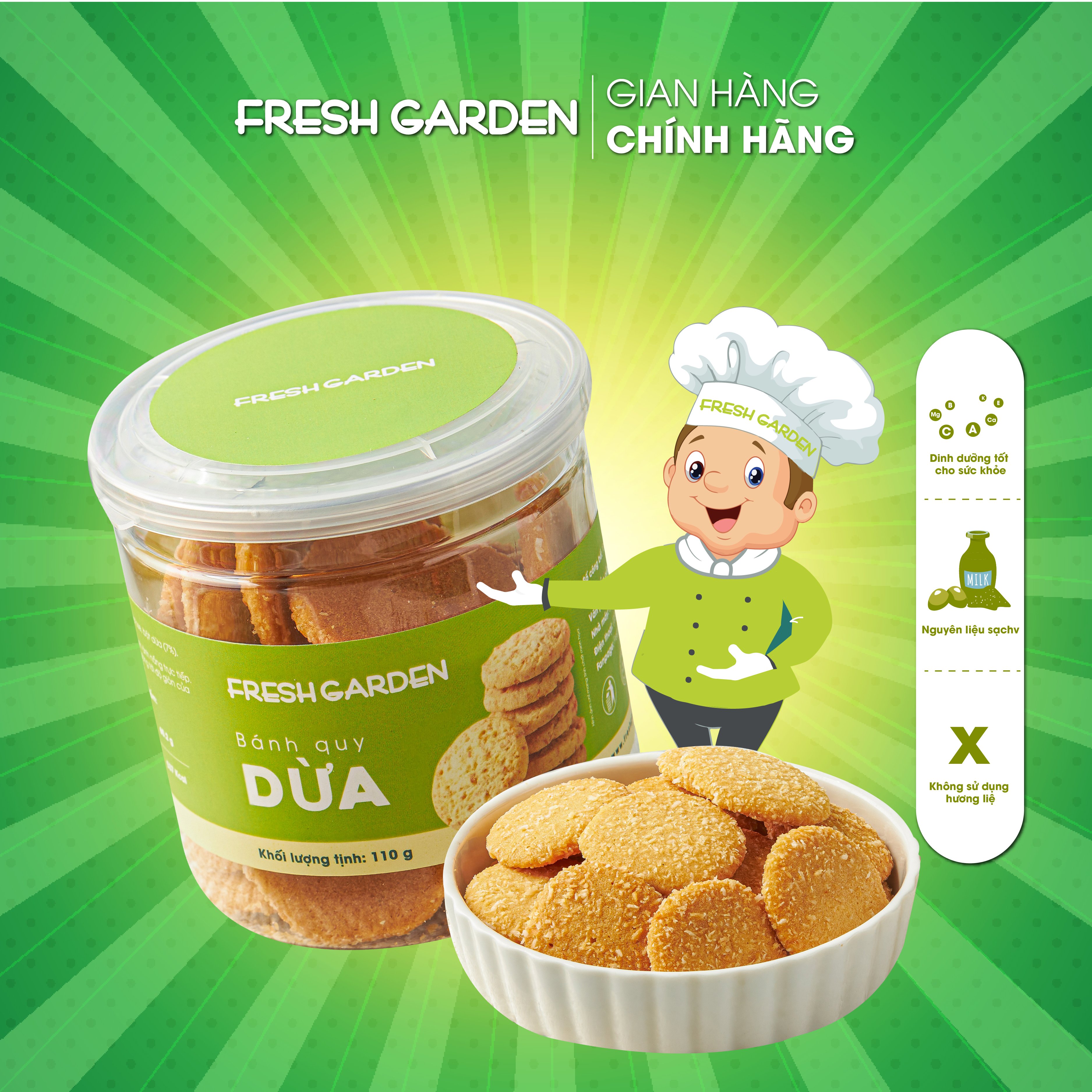 Bánh Quy Dừa Ăn Vặt FRESH GARDEN Vị Dừa Thơm Ngon 100% Nguyên Liệu Sạch Hộp 110G