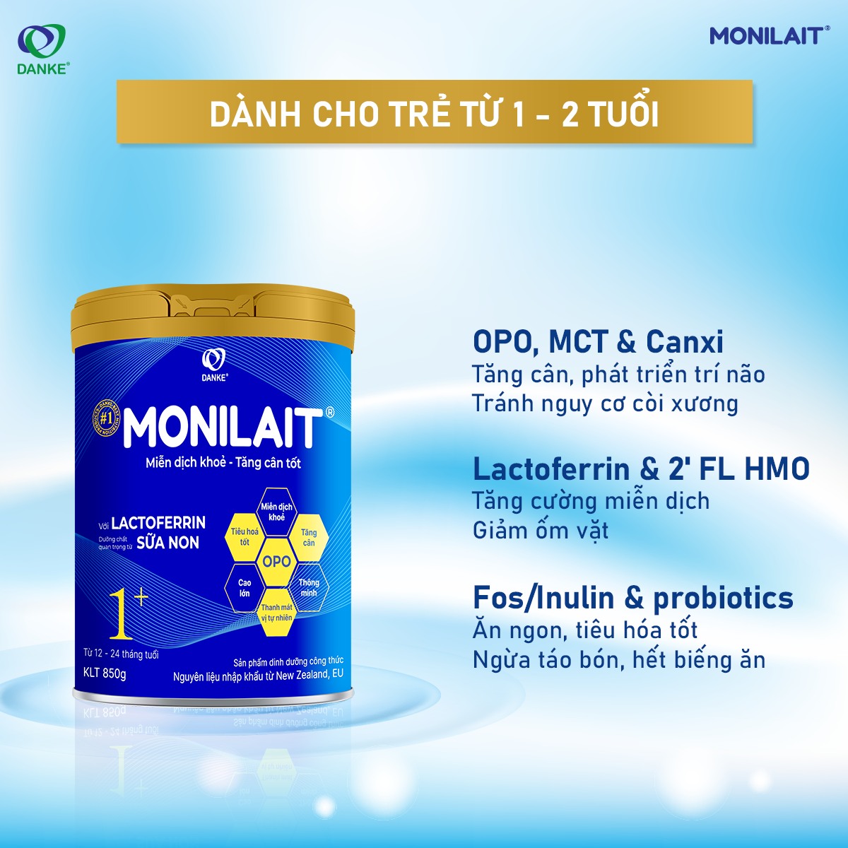 Monilait Lactoferrin 1+ - lon 850g - dành cho bé 12- 24 tháng tuổi