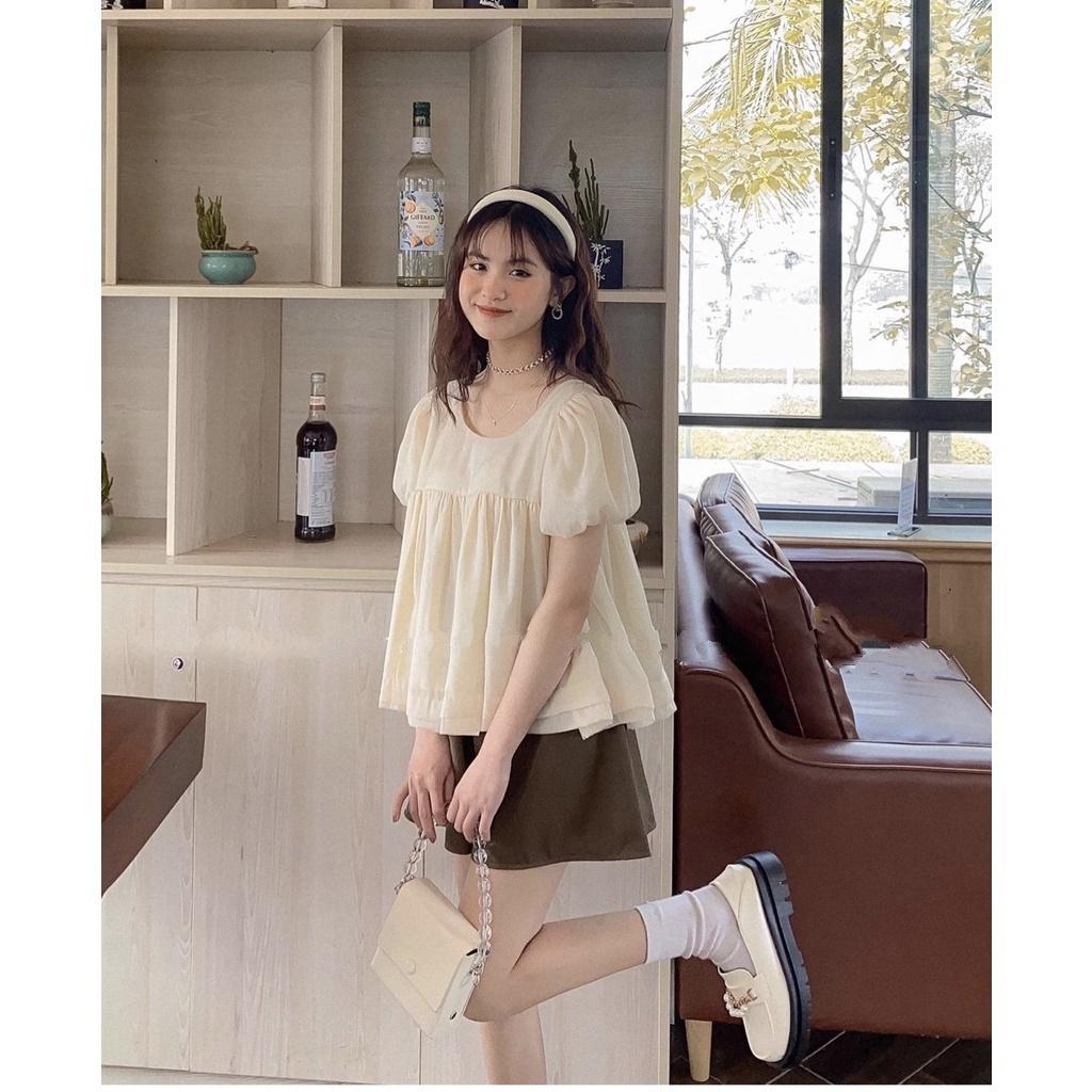 Áo babydoll, set đồ nữ babydoll tay phồng, đồ bộ nữ kiểu thắt nơ siêu xinh kèm quần short, mặc đi chơi vintage, BO007