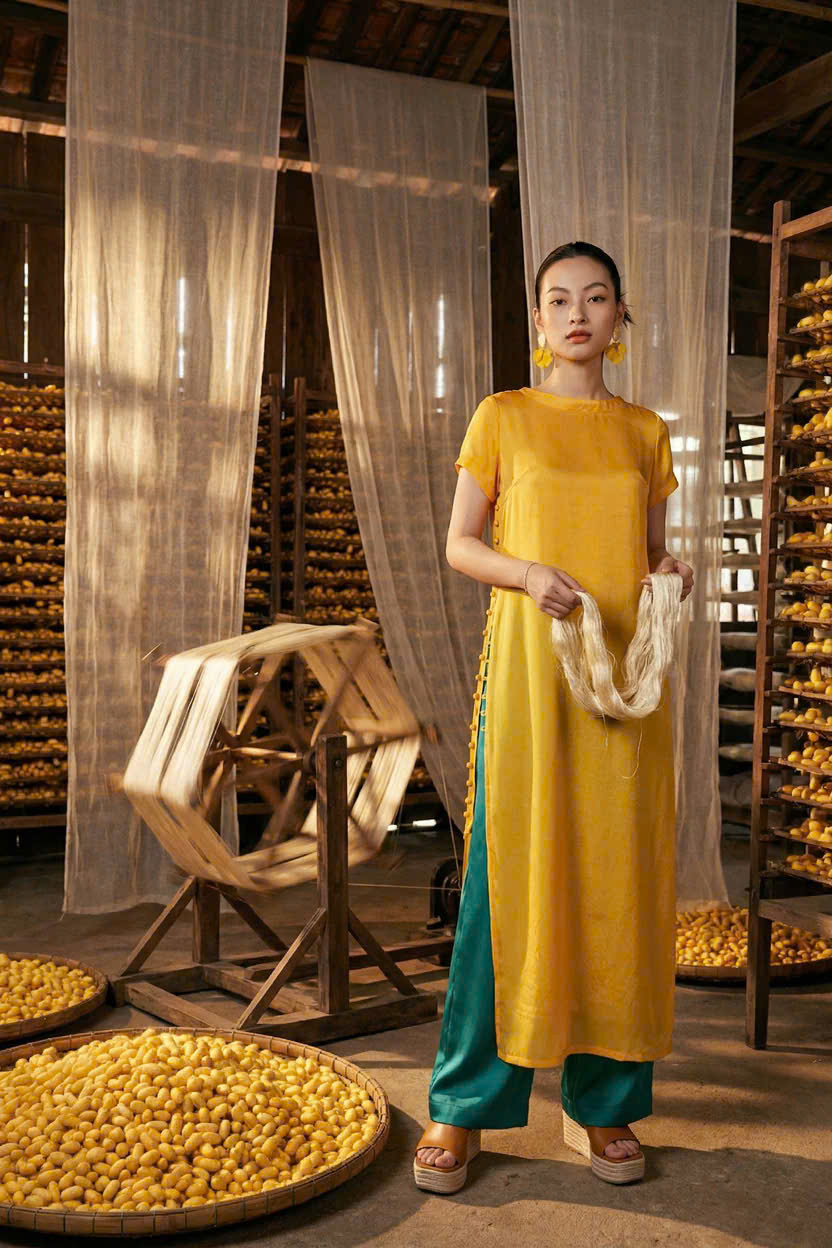 Áo Dài Cách Tân Kiêm Đầm Suông Lụa Vàng Dã Quỳ ADA015 thời trang thiết kế Hity