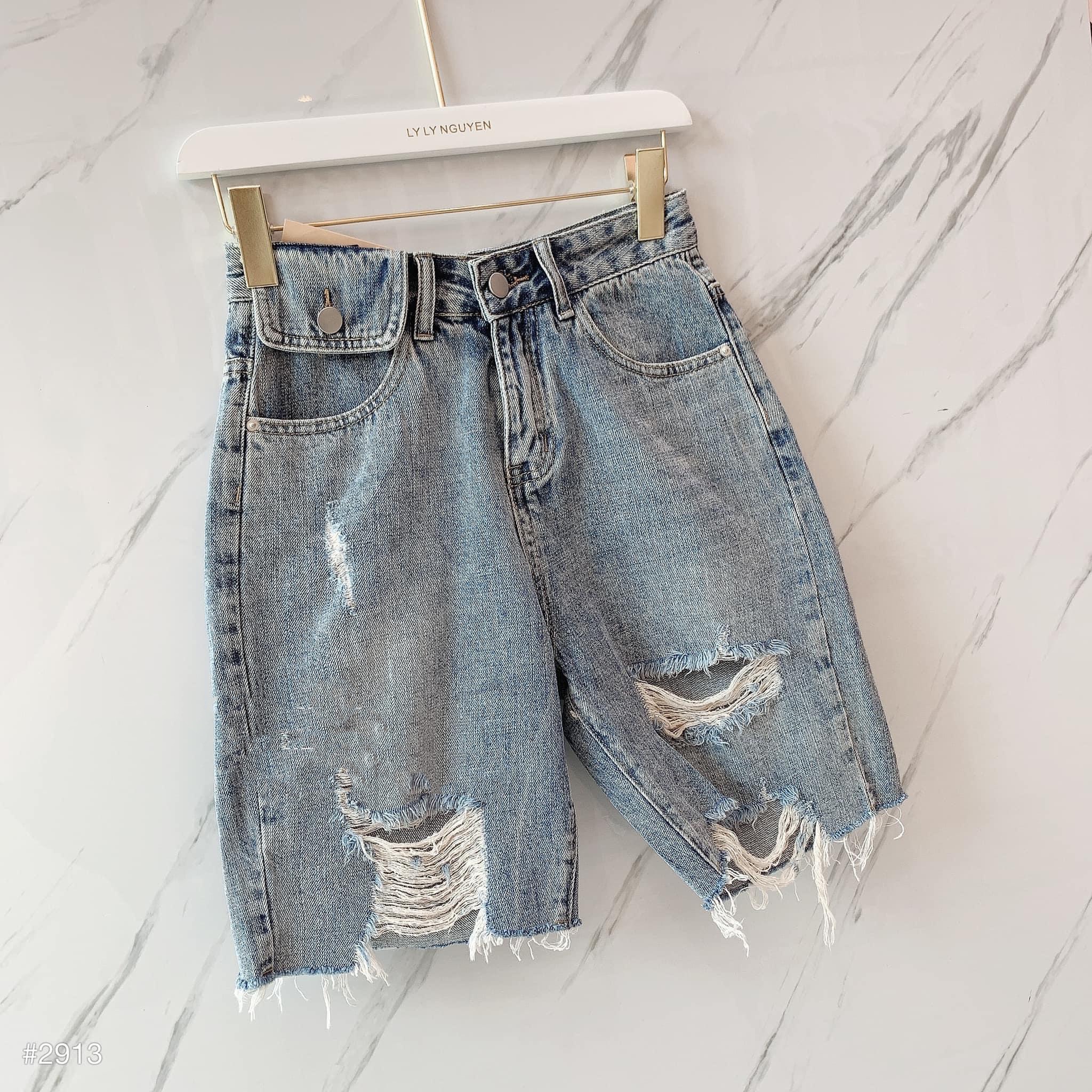 Quần jean ngố / lửng BIG SIZE lưng cao, rách bụi màu xanh đá, phom RỘNG đẹp thời trang hot trend dành cho người béo 3250