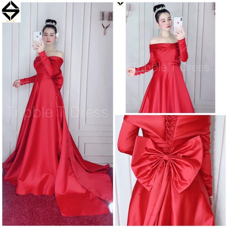 Ảnh thật Đầm váy maxi mặc cưới phi nhật dày dặn đuôi dài trắng đỏ cúp ngực trễ vai đi biển dự tiệc dạo phố bigsize