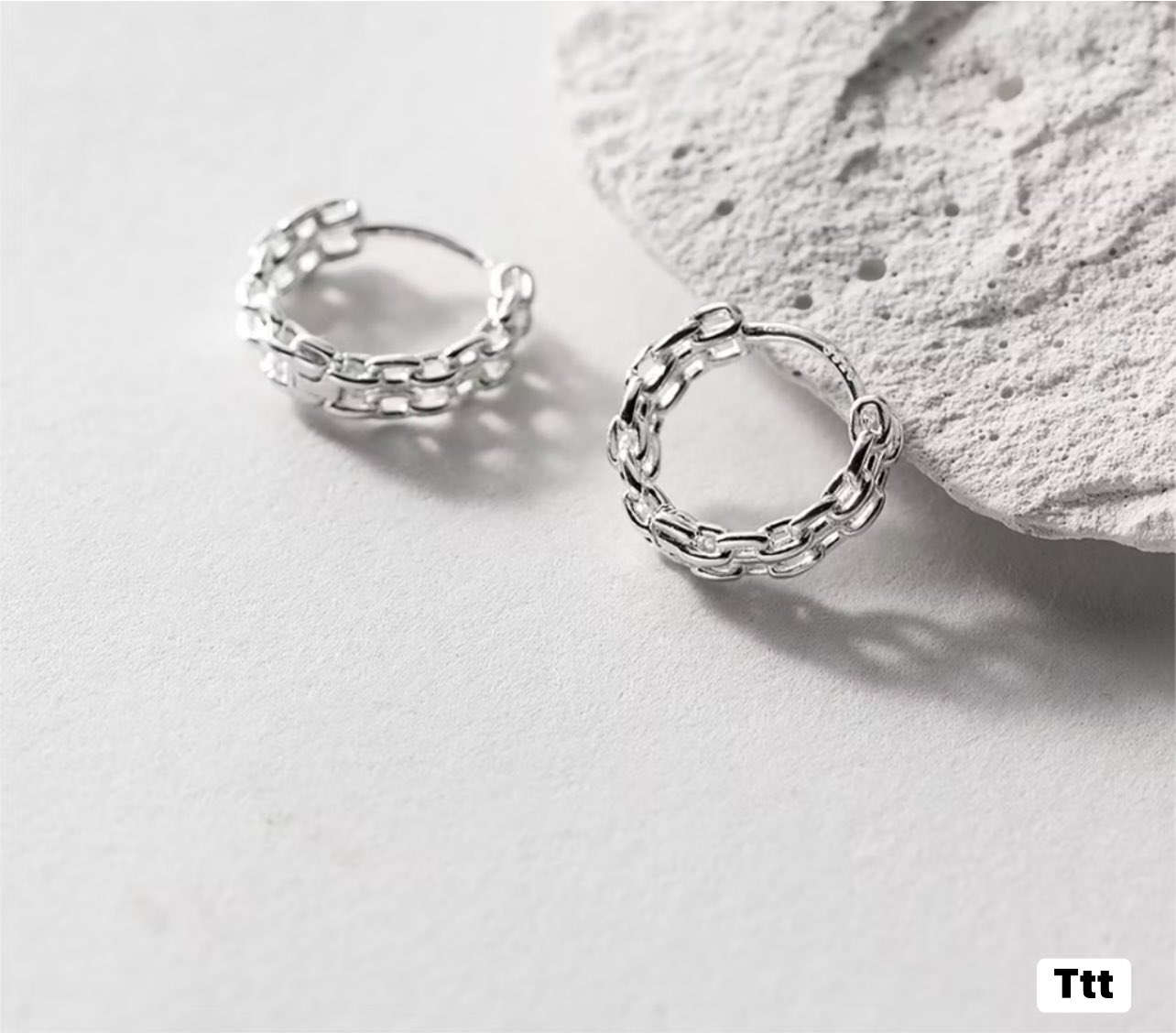 Bồn tai bạc thời trang khuyên bấm tròn mắt xích cá tính chất liệu bằng bạc s925 SA805