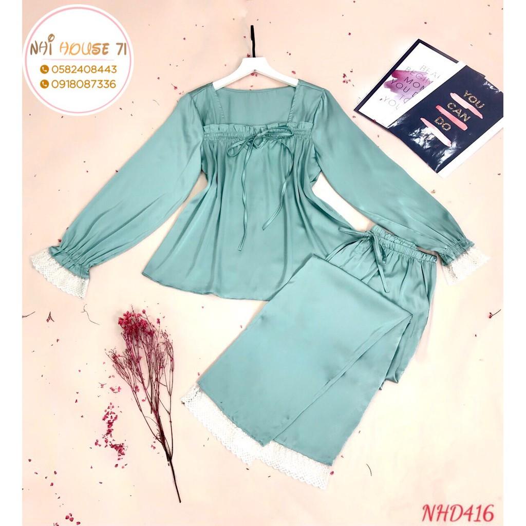 SET BỘ NGỦ PIJAMA TAY DÀI PHỐI REN CỔ U DỄ THƯƠNG LỤA LATIN TÔ CHÂU MỀM MỊN MÁT NHIHOUSE71 FREESIZE DƯỚI 6