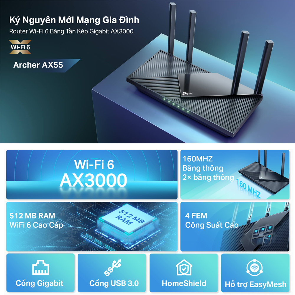 Bộ Phát Wifi TP-Link Archer AX55/AX55 Pro Chuẩn Wi-Fi 6 AX3000 - Hàng Chính Hãng