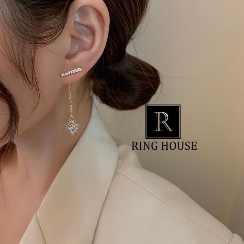 (Chuôi Bạc 925) Khuyên Tai Bông Tai Nữ Thiết Kế Gạch Khối Tròn Dài Ring House