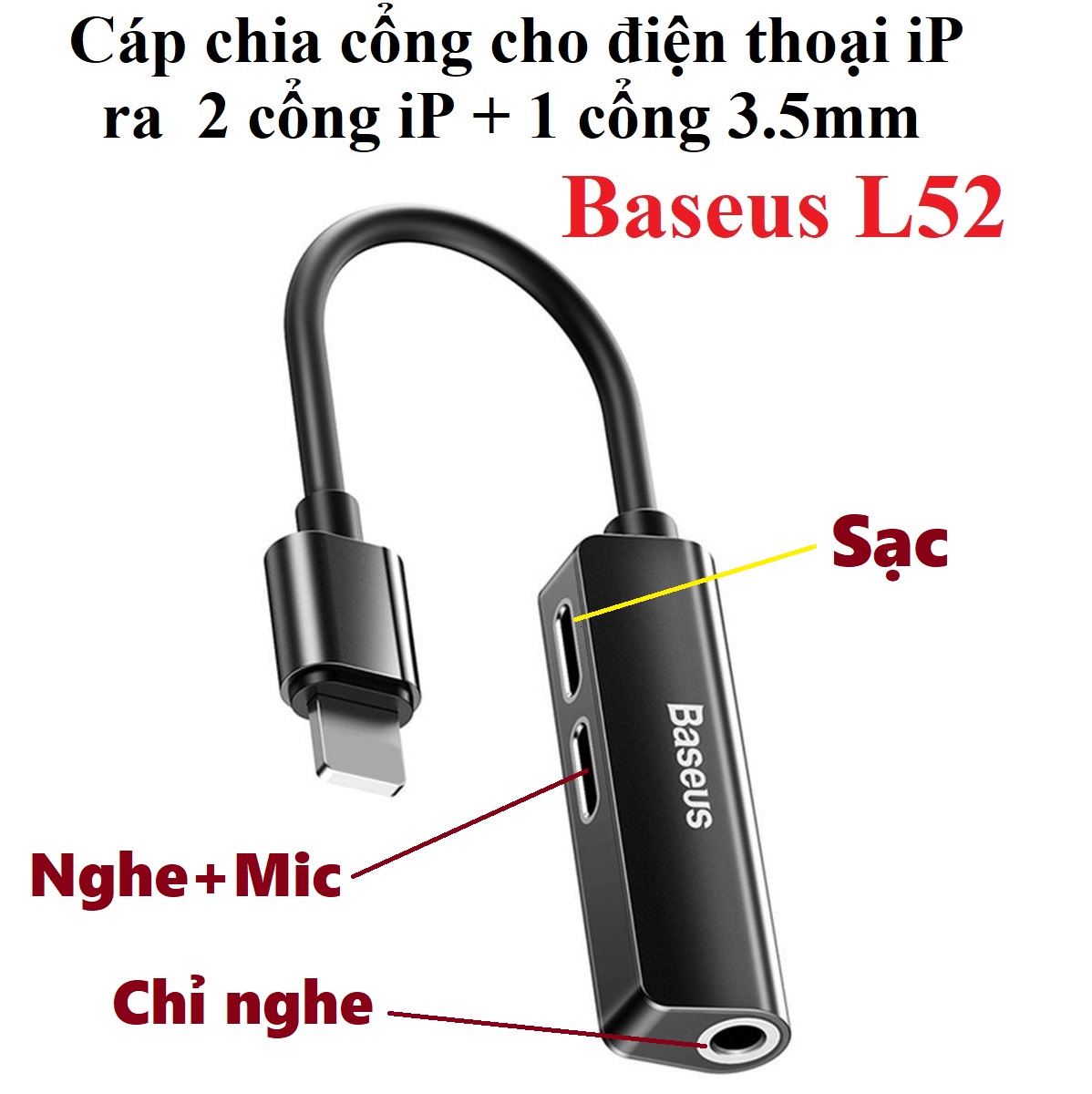Đầu chuyển cổng tai nghe sạc 3 trong1 cho iP Audio converter Baseus L52 _ Hàng chính hãng