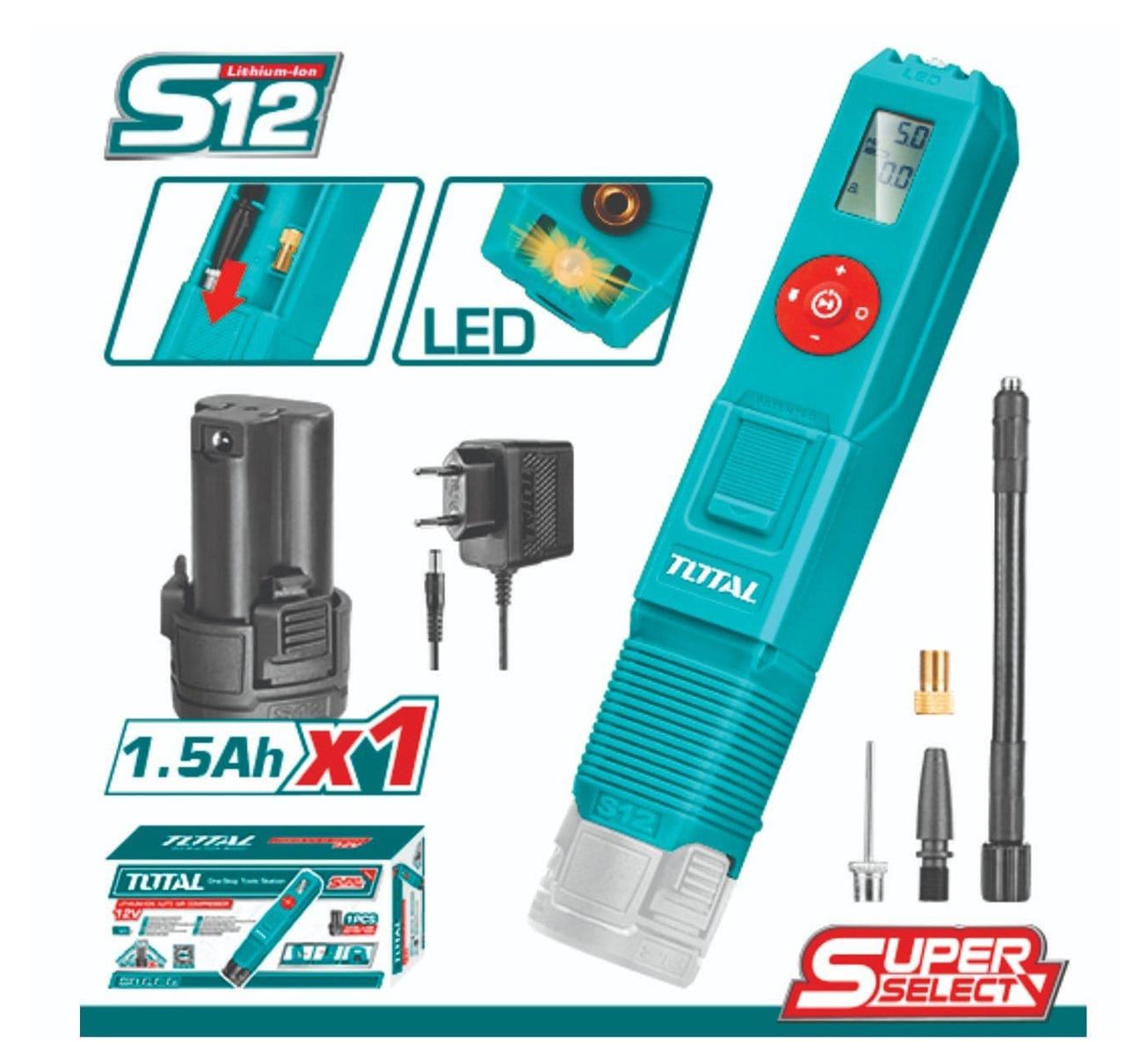 MÁY BƠM HƠI CẦM TAY TỰ ĐỘNG DÙNG PIN LITHIUM 12V (1 pin 1.5Ah và 1 sạc) TOTAL TACLI12011 - HÀNG CHÍNH HÃNG