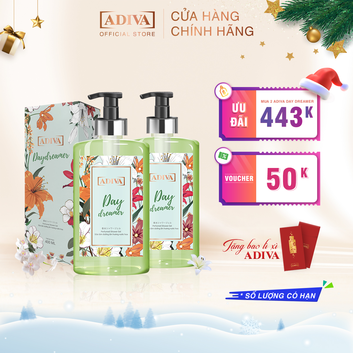 Combo 2 Chai Sữa Tắm Dưỡng Ẩm Hương Nước Hoa Adiva Day Dreamer (400ml/Chai)