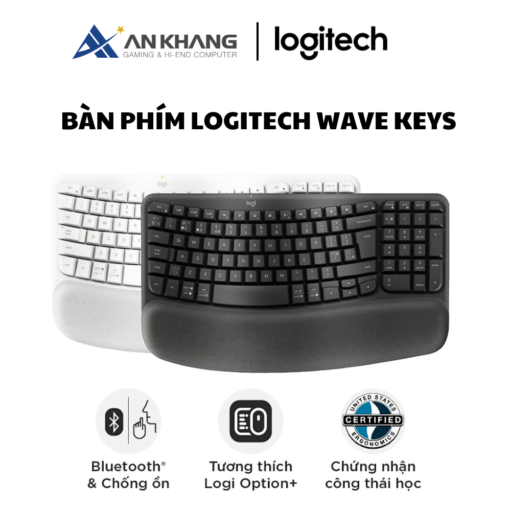 Bàn phím không dây công thái học Logitech Wave Keys - Kết nối Bluetooth, Gác tay, Windows, MacOs - Hàng Chính Hãng