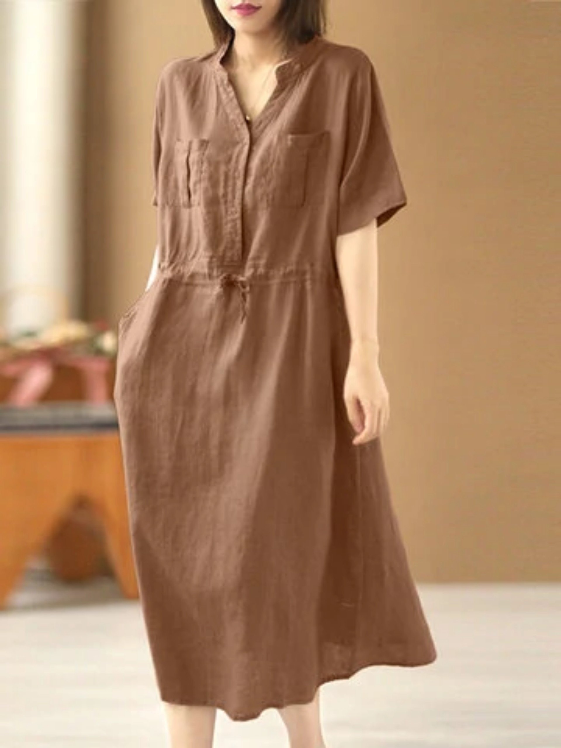 Đầm váy linen túi hộp, cổ V ngắn tay, eo có dây rút, phong cách nữ trẻ trung Đũi Việt