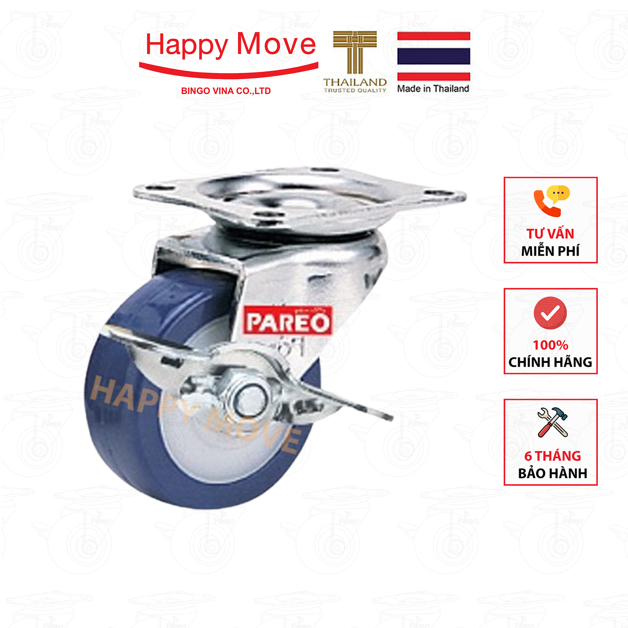 Bánh xe đẩy PU tải nhẹ càng xoay khóa - 50-65-75mm - Happy Move Thái Lan