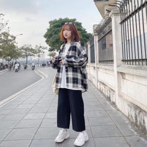 Áo sơ mi caro tay phồng siêu rộng, áo somi caro form rộng tay phồng + VIDEO, Áo Sơ Mi Tay Dài Form Rộng Họa Tiết Sọc Caro Trắng Đen Phong Cách Hàn Quốc Có 2 Màu