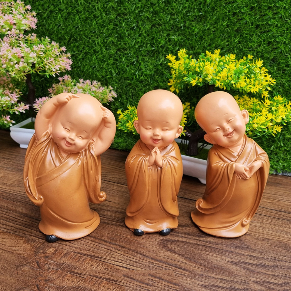 Bộ 03 tượng chú tiểu yêu đời - mẫu áo nâu đứng 16.5cm kèm chân đế giả đá