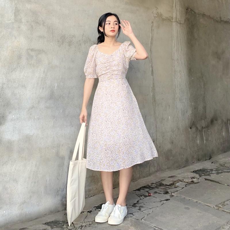 Đầm hoa xoè nhún ngực
