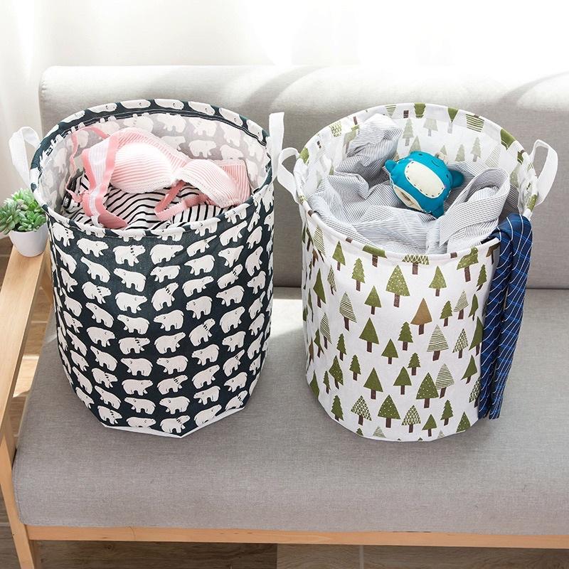 Sọt vải đựng đồ gấp gọn tiện dụng HOẠ TIẾT dễ thương hình trụ có tay cầm - Giỏ vải đựng đồ đa năng Vintage size lớn