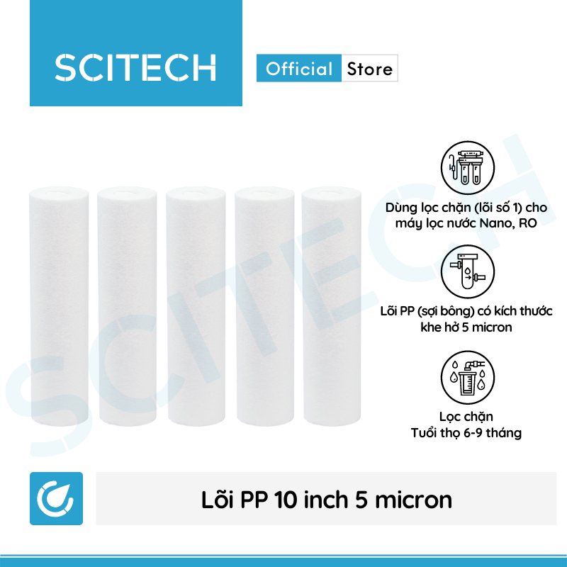 Combo 5 lõi lọc PP 10 inch 5 micron - Lõi số 1 máy lọc nước Nano/UF/RO, bộ lọc thô - Hàng chính hãng