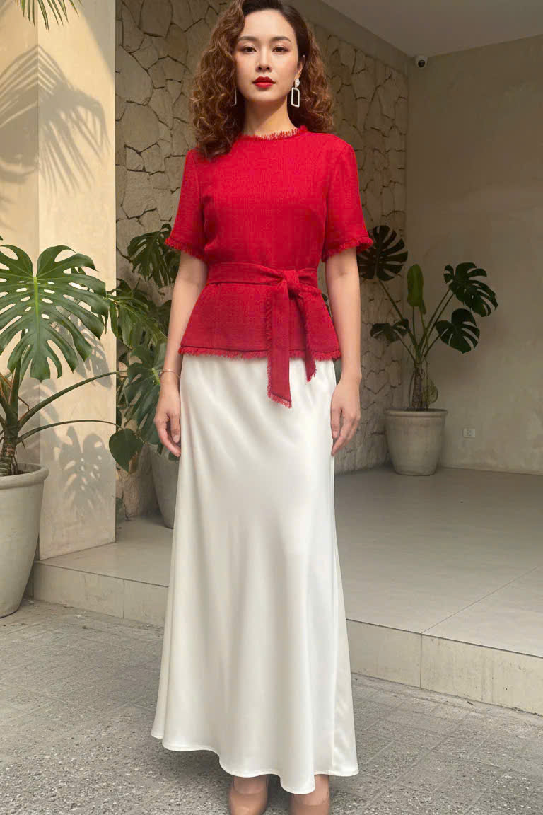 Áo Thắt Eo Peplum Tweed Đỏ Thanh Minh Top242 thời trang thiết kế Hity