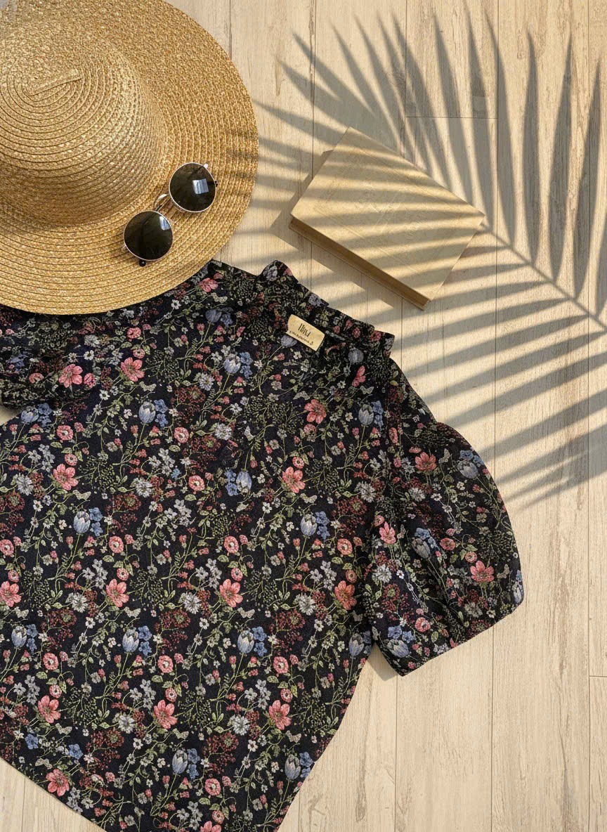 Áo Tay Phồng Điểm Ngọc, Áo Tay Phồng Cổ Lọ Thấp Chiffon Voan Hoa thời trang thiết kế Hity Top231