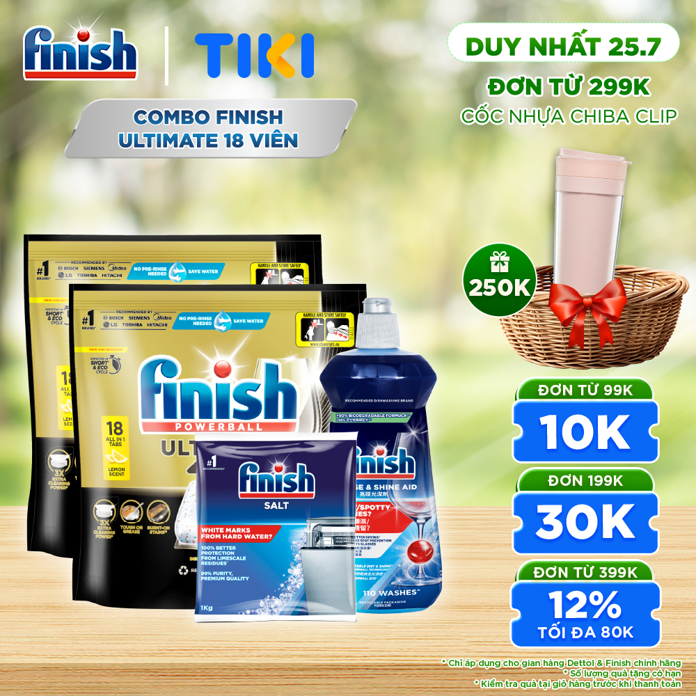 Combo 2 Viên rửa chén Finish Ultimate 18 viên + Nước làm bóng Finish 500ml + Muối rửa chén Finish 1kg