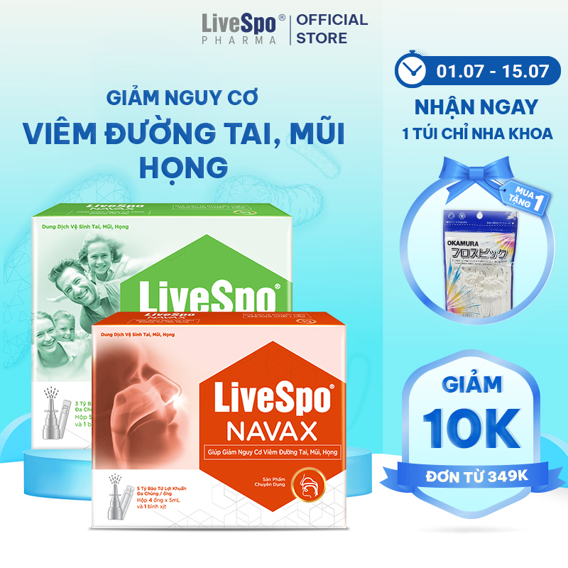 Combo Hộp nước muối sinh lý bào tử lợi khuẩn LiveSpo Navax Family - Dành cho gia đình 5 ống x 5ml + Hộp nước muối sinh lý bào tử lợi khuẩn Livespo Navax chuyên dụng - vệ sinh, phòng ngừa viêm nhiễm tai mũi họng 4 ống x 5ml