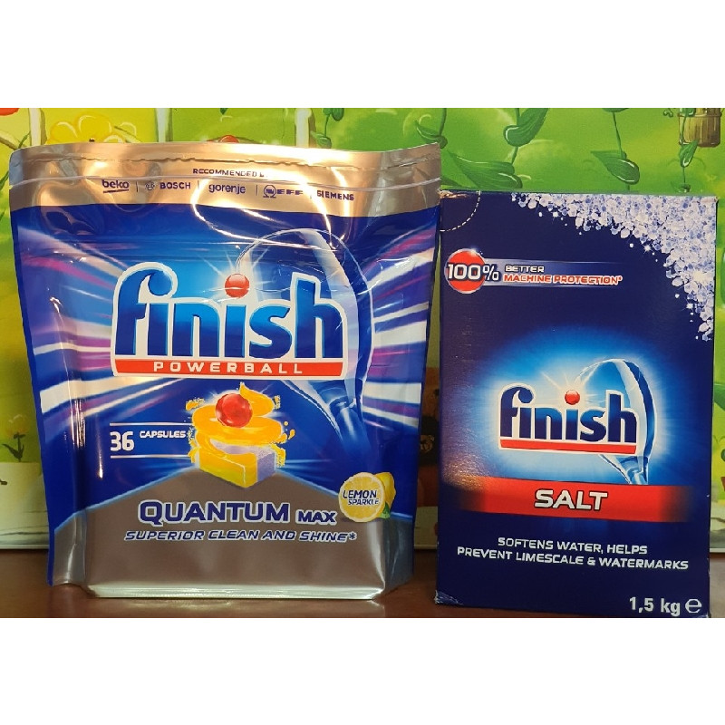 combo viên rửa bát finish quantum 36 viên+muối rửa bát fnish 1.5kg dùng cho máy rửa bát